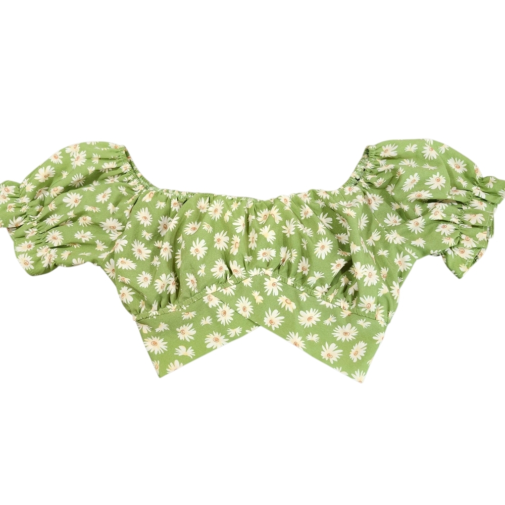 Green Floral Cottagecore Boho Puff Sleeve Prairie Milkmaid Cropped Top Women's S